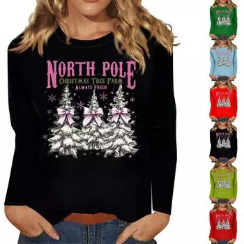 Женский повседневный повседневный топ с длинными рукавами и рождественским принтом с круглым вырезом XXXXXL чёрный