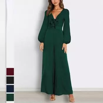 Женский повседневный пригородный костюм с глубоким v-образным вырезом и длинными рукавами, женский комбинезон с широкими штанинами S