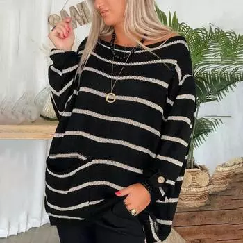Женский повседневный пуловер с длинным рукавом и контрастной полосой, свободный свитер с круглым вырезом L чёрный