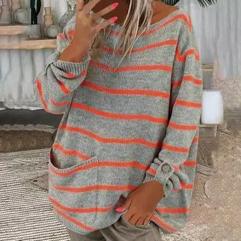 Женский повседневный пуловер с длинным рукавом и контрастной полосой, свободный свитер с круглым вырезом XXXXXL оранжевый