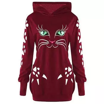 Женский повседневный пуловер с длинным рукавом в кошачьем стиле с капюшоном S чёрный