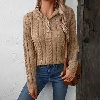 Женский повседневный пуловер с капюшоном, вязаный свитер на пуговицах в стиле ретро, свитер с длинными рукавами S хаки