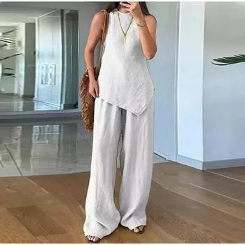 Женский повседневный пуловер с круглым вырезом, без рукавов, плюс карман, брюки, хлопок, многоцветный женский костюм S белый