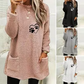 Женский повседневный пуловер с круглым вырезом и карманом, мягкая теплая модная толстовка свободного покроя с длинными рукавами на зиму L серый