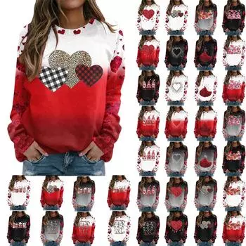 Женский повседневный пуловер с круглым вырезом и длинными рукавами, футболка с принтом ко Дню святого Валентина, топ XXL серый