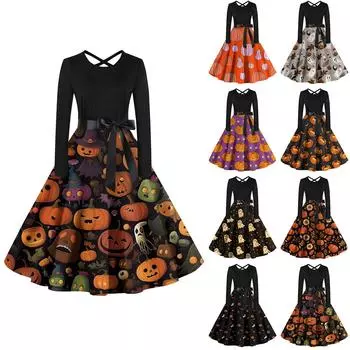 Женский повседневный пуловер с круглым вырезом и принтом, платье с высокой талией и длинными рукавами L оранжевый