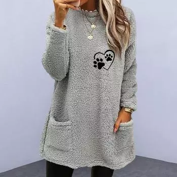 Женский повседневный пуловер с круглым вырезом и карманом, мягкая теплая модная толстовка свободного покроя с длинными рукавами на зиму L белый