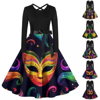 Женский повседневный пуловер с круглым вырезом и принтом, платье с высокой талией и длинными рукавами L армия зеленый