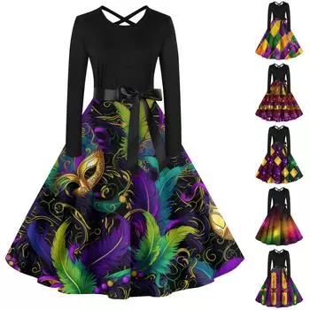 Женский повседневный пуловер с круглым вырезом и принтом, платье с высокой талией и длинными рукавами L чёрный