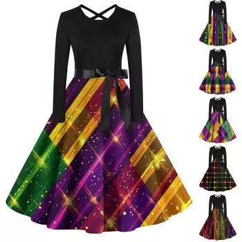 Женский повседневный пуловер с круглым вырезом и принтом, платье с высокой талией и длинными рукавами L чёрный