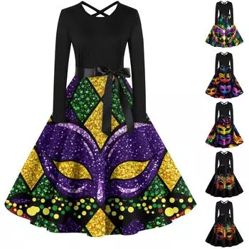 Женский повседневный пуловер с круглым вырезом и принтом, платье с высокой талией и длинными рукавами L чёрный