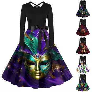 Женский повседневный пуловер с круглым вырезом и принтом, платье с высокой талией и длинными рукавами L