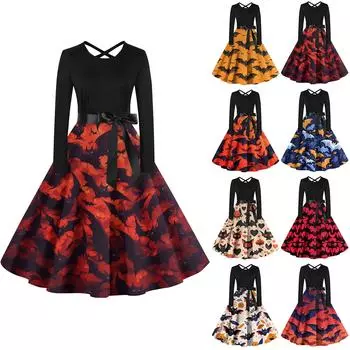 Женский повседневный пуловер с круглым вырезом и принтом, платье с высокой талией и длинными рукавами L синий