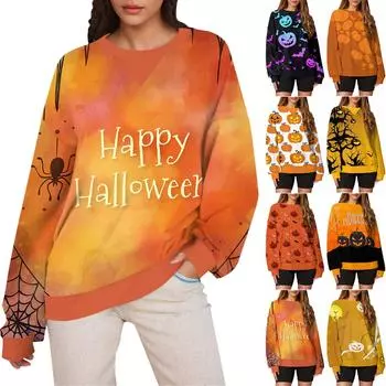 Женский повседневный пуловер с принтом на Хэллоуин, рубашка с длинным рукавом, толстовка большого размера L чёрный