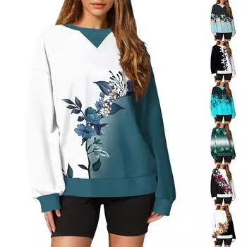 Женский повседневный пуловер с принтом, рубашка с длинным рукавом, толстовка большого размера XXL синий