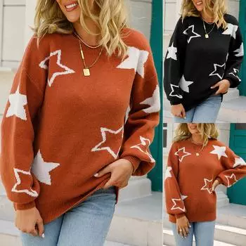 Женский повседневный пуловер с принтом, свитер с круглым вырезом и длинными рукавами M чёрный