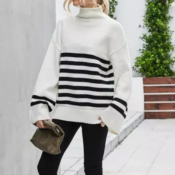 Женский повседневный пуловер с принтом, свитер с высоким воротом и длинными рукавами белый