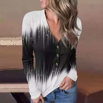 Женский повседневный пуловер с V-образным вырезом и геометрическим принтом на пуговицах L чёрный