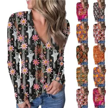 Женский повседневный пуловер с V-образным вырезом и принтом на пуговицах на Хэллоуин M чёрный