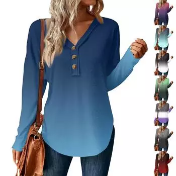 Женский повседневный пуловер с V-образным вырезом и градиентным принтом на пуговицах M