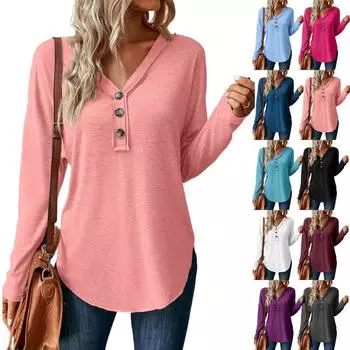 Женский повседневный пуловер с V-образным вырезом на пуговицах, однотонный топ S чёрный