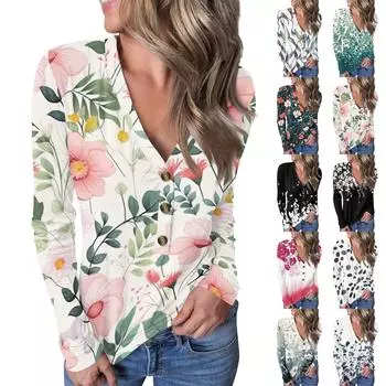 Женский повседневный пуловер с V-образным вырезом и цветочным принтом на пуговицах L