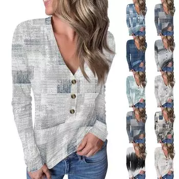 Женский повседневный пуловер с V-образным вырезом и геометрическим принтом на пуговицах XL