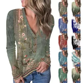 Женский повседневный пуловер с V-образным вырезом и цветочным принтом на пуговицах L армия зеленый