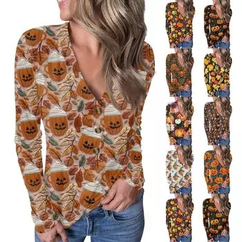Женский повседневный пуловер с V-образным вырезом и принтом на пуговицах на Хэллоуин M
