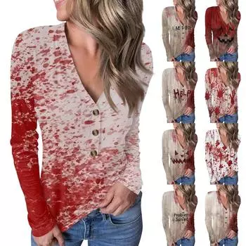 Женский повседневный пуловер с V-образным вырезом и принтом на пуговицах на Хэллоуин M красный