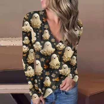 Женский повседневный пуловер с V-образным вырезом и принтом на пуговицах на Хэллоуин L чёрный