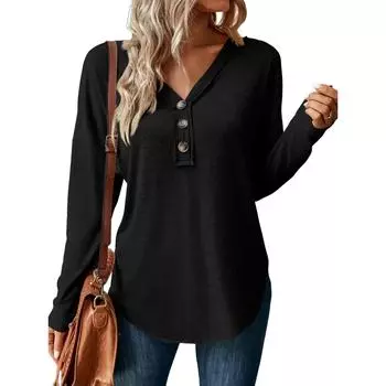 Женский повседневный пуловер с V-образным вырезом на пуговицах, однотонный топ XL чёрный