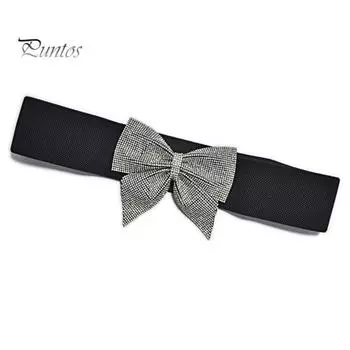 Женский повседневный ремень, эластичный пояс, застежка на пуговицы, пояс с блестящими стразами, декор с бантом B