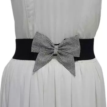 Женский повседневный ремень, эластичный пояс, застежка на пуговицы, пояс с блестящими стразами, декор с бантом