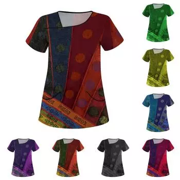 Женский повседневный ретро-принт с коротким рукавом, косым воротником и двойными карманами XXXXXL зелёный