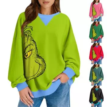 Женский повседневный рождественский принт пуловер с длинным рукавом рубашка свободного покроя свитшот XXL чёрный