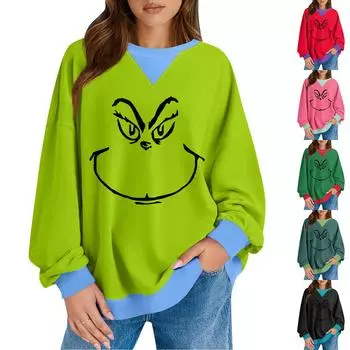 Женский повседневный рождественский принт пуловер с длинным рукавом рубашка свободного покроя свитшот L зелёный