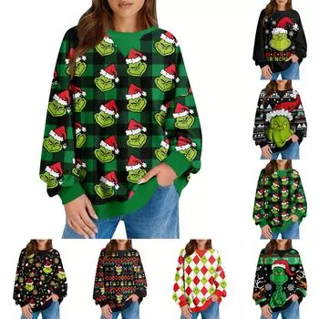 Женский повседневный рождественский принт пуловер с длинным рукавом рубашка свободного покроя свитшот L армия зеленый