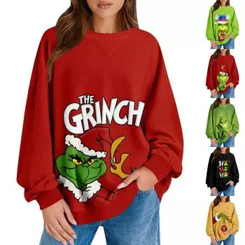 Женский повседневный рождественский принт пуловер с длинным рукавом рубашка свободного покроя свитшот XL чёрный