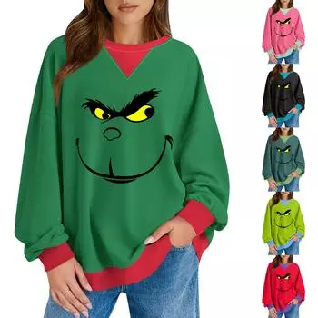 Женский повседневный рождественский принт пуловер с длинным рукавом рубашка свободного покроя свитшот S чёрный