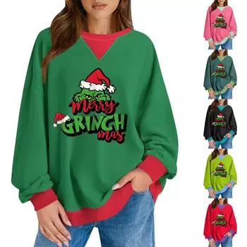 Женский повседневный рождественский принт пуловер с длинным рукавом рубашка свободного покроя свитшот S