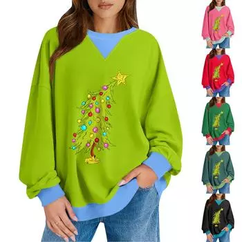 Женский повседневный рождественский принт пуловер с длинным рукавом рубашка свободного покроя свитшот L циан