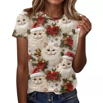 Женский повседневный рождественский принт с короткими рукавами и круглым вырезом, свободный пуловер, топ L бежевый
