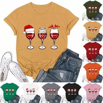 Женский повседневный рождественский принт с короткими рукавами и круглым вырезом, свободный пуловер, топ L