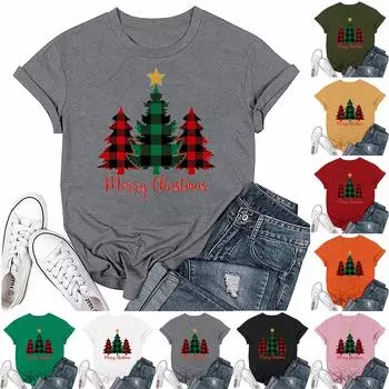 Женский повседневный рождественский принт с короткими рукавами и круглым вырезом, свободный пуловер, топ XXL