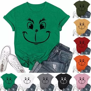 Женский повседневный рождественский принт с короткими рукавами и круглым вырезом, свободный пуловер, топ M