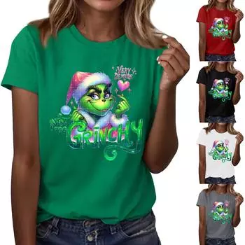 Женский повседневный рождественский принт с короткими рукавами и круглым вырезом, свободный пуловер, топ S чёрный