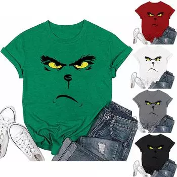 Женский повседневный рождественский принт с короткими рукавами и круглым вырезом, свободный пуловер, топ S зелёный