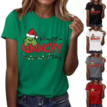 Женский повседневный рождественский принт с короткими рукавами и круглым вырезом, свободный пуловер, топ XXXL