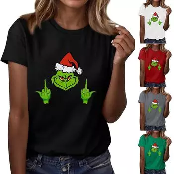 Женский повседневный рождественский принт с короткими рукавами и круглым вырезом, свободный пуловер, топ L чёрный